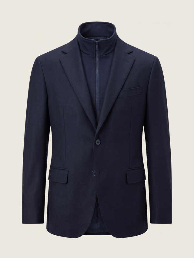 Navy jacket with zip bib, studio packshot