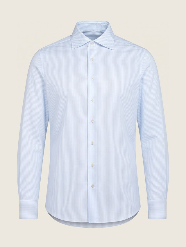 Fine blue stripe shirt, spread collar, studio packshot