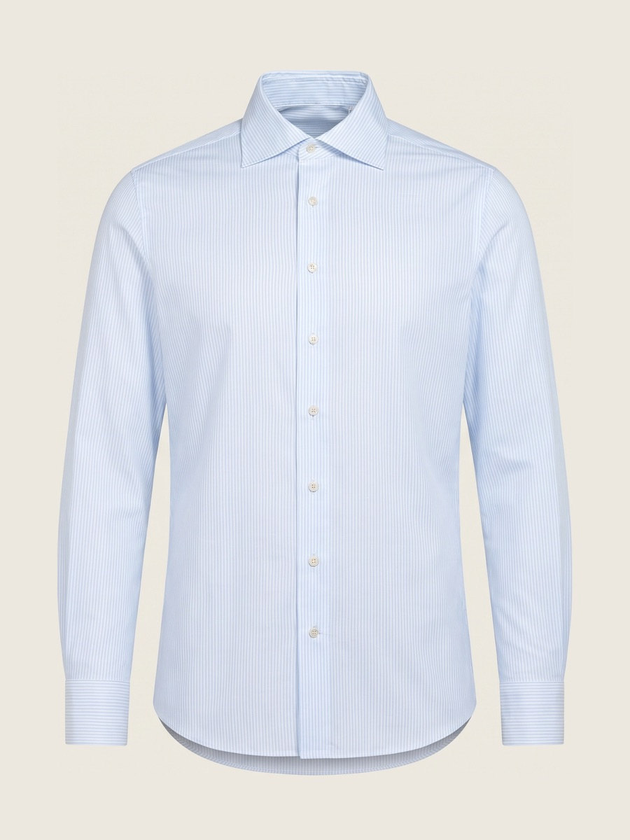 Fine blue stripe shirt, spread collar, studio packshot