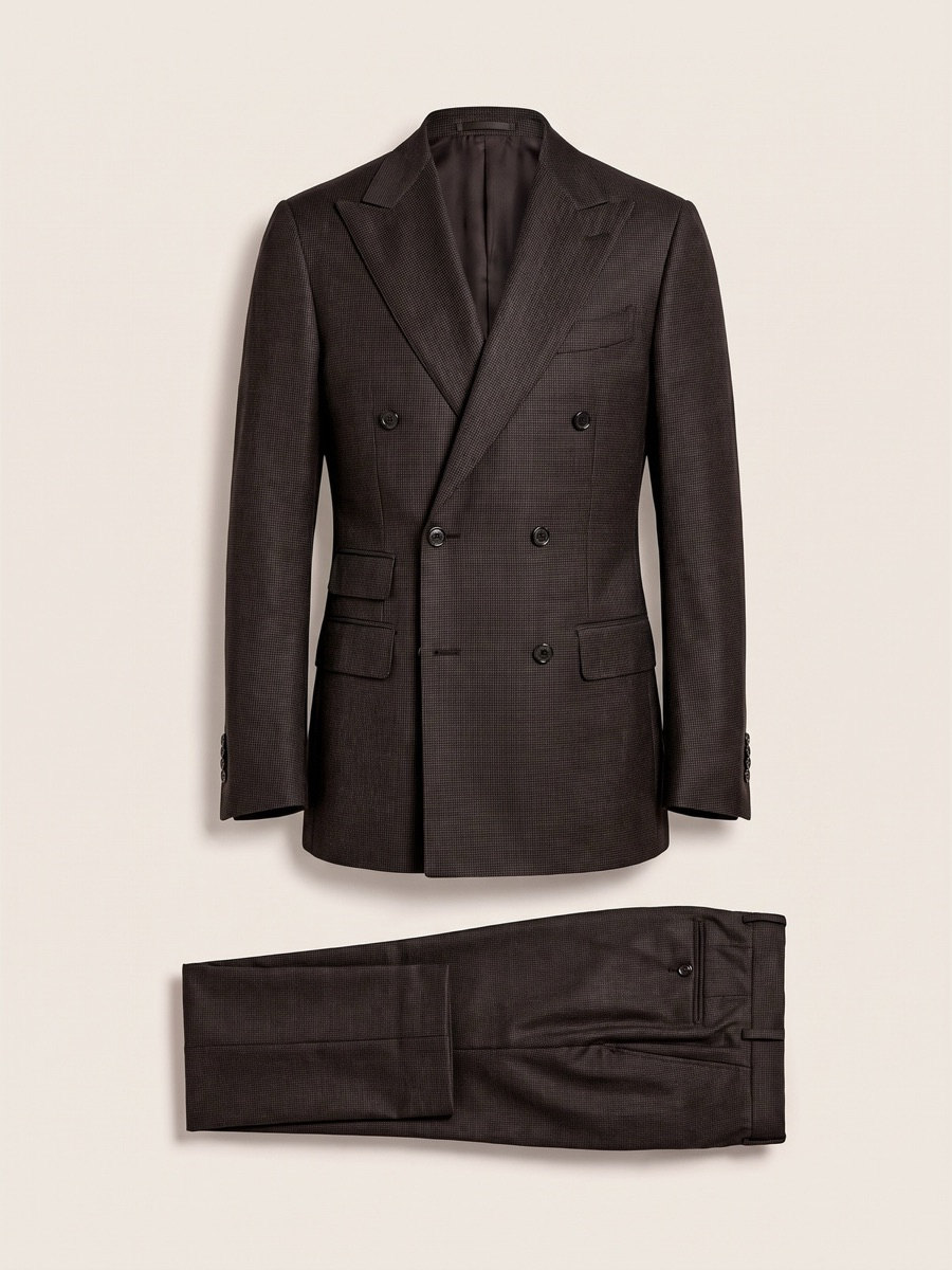 Brown houndstooth double breasted suit, studio packshot