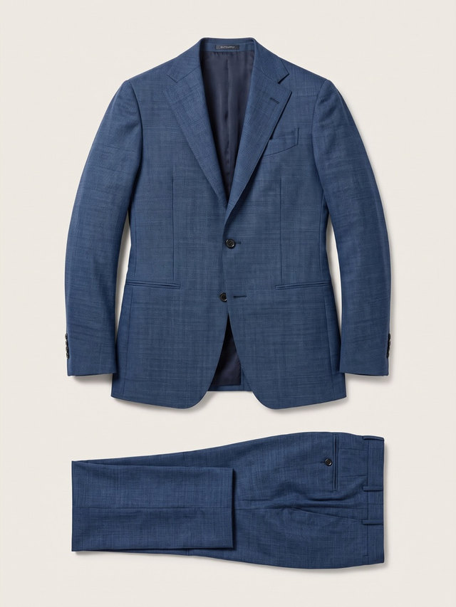 Mid blue check suit, studio packshot