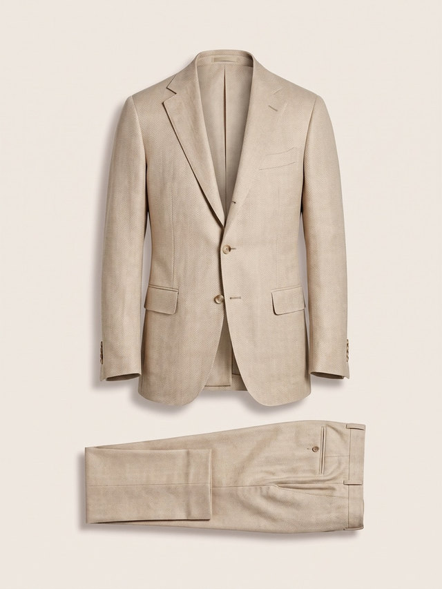 Sand herringbone suit, studio packshot