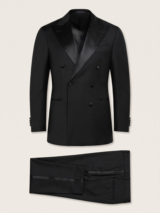 Black double breasted tuxedo, studio packshot