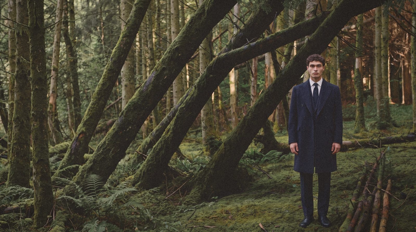 A man in a navy double breasted overcoat stands in a mossy forest.