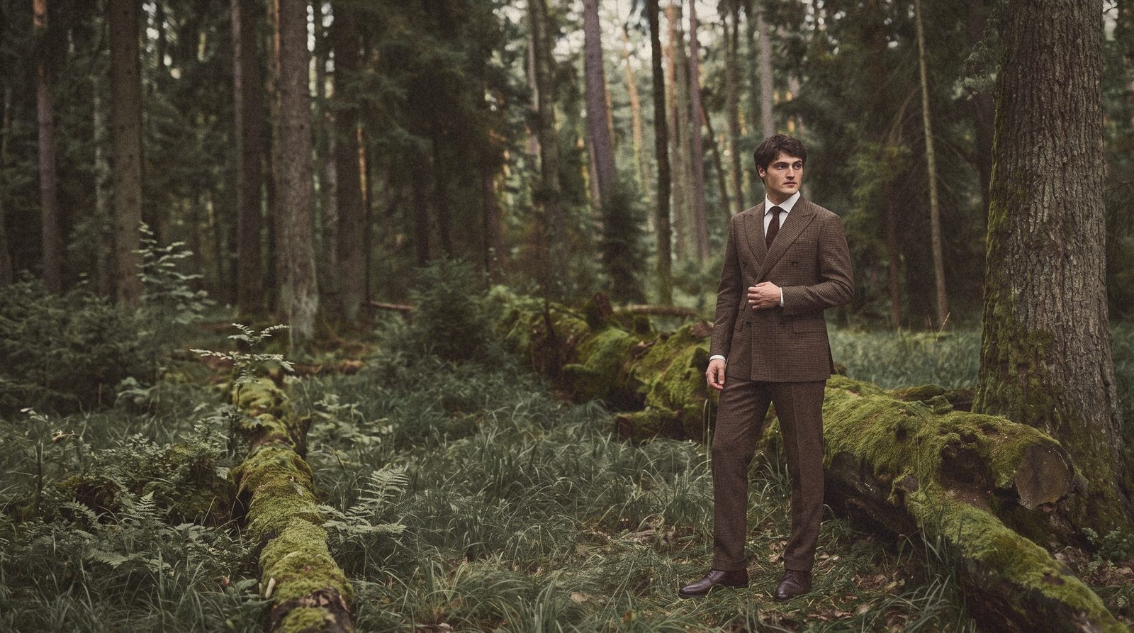 A man in a brown houndstooth double breasted suit stands by a mossy fallen trunk in a spruce wood.
